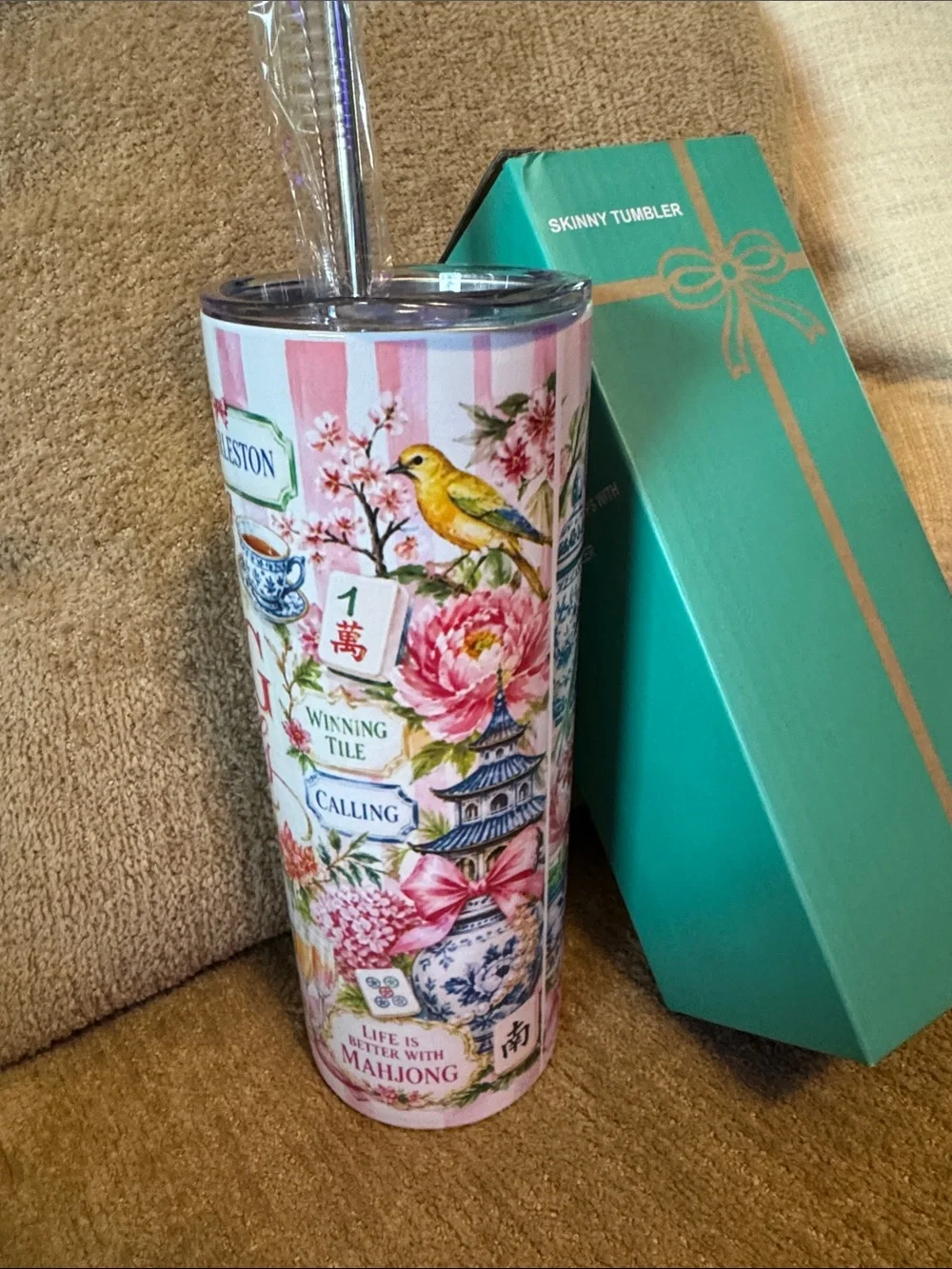 Mahjong With Mahgirls Skinny Pink Floral Tumbler